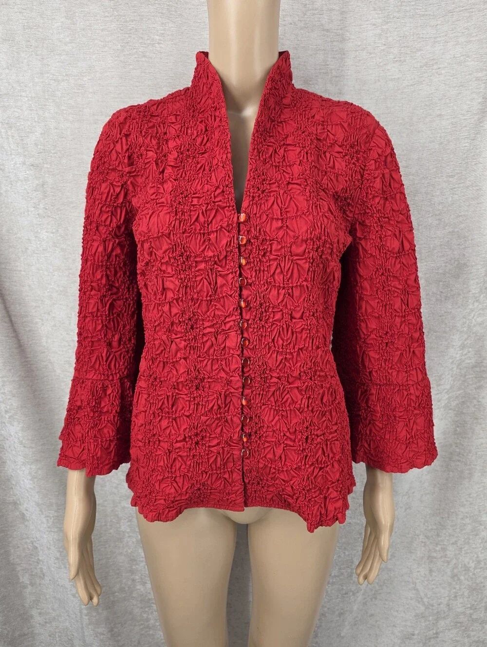 Y2K Cotton Red Shirring Smocked Textured Button-Front Women's Top Blouse Shirt